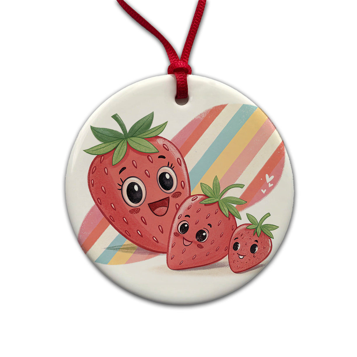 Kawaii Strawberries Diagonal Stripes Round Ceramic Holiday Christmas Tree Ornament