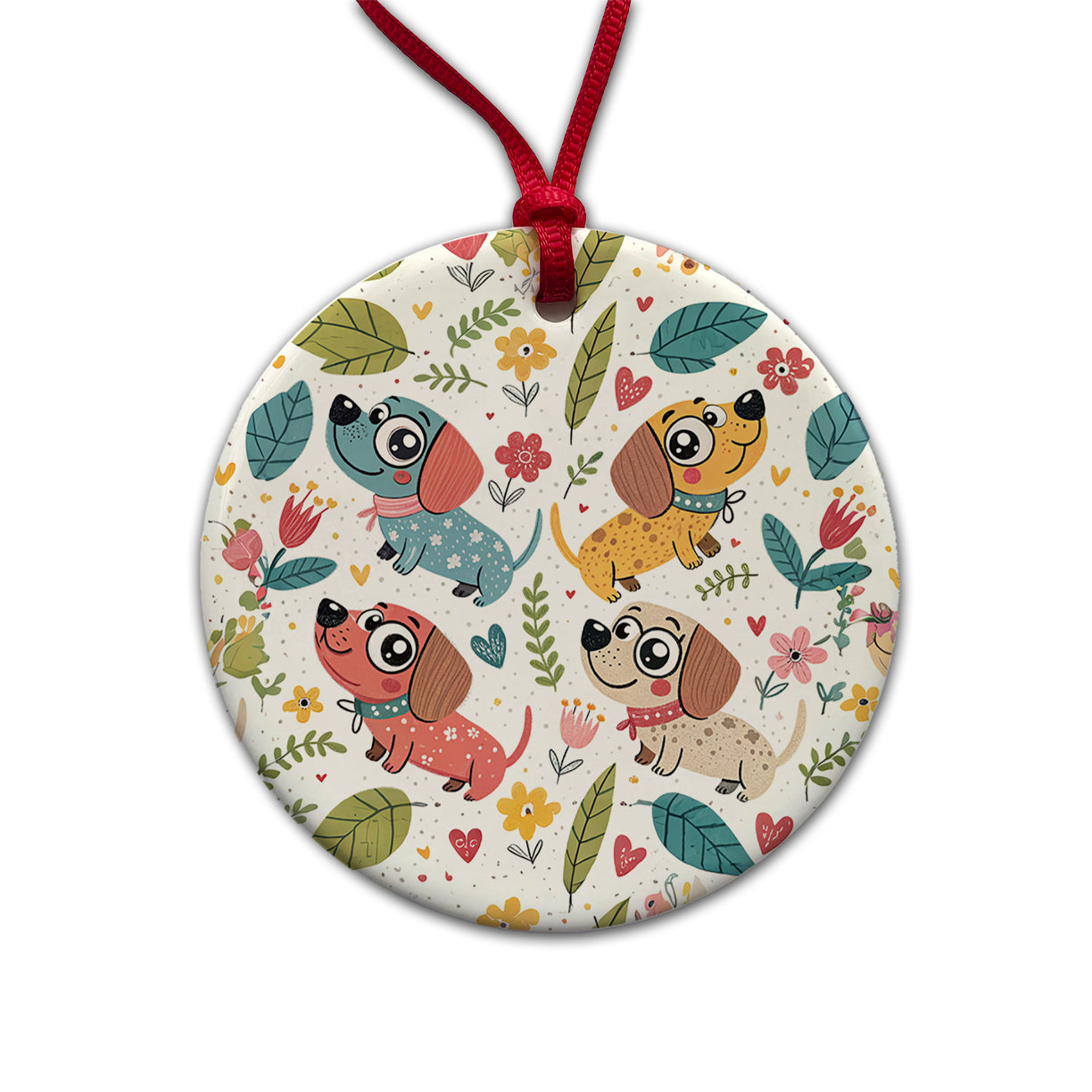 Kawaii Sweet Dogs Round Ceramic Holiday Christmas Tree Ornament
