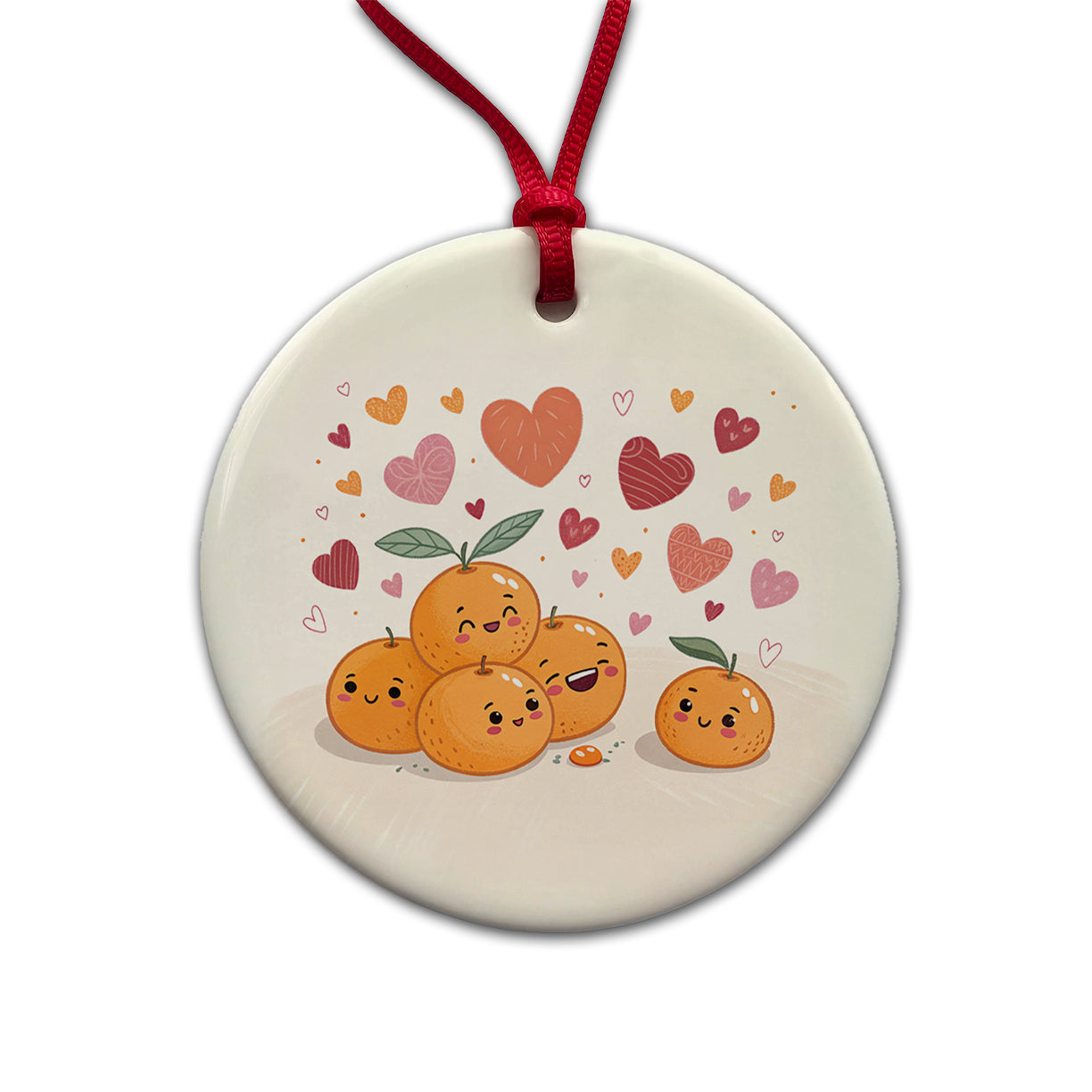 Kawaii Tangerines Hearts Round Ceramic Holiday Christmas Tree Ornament