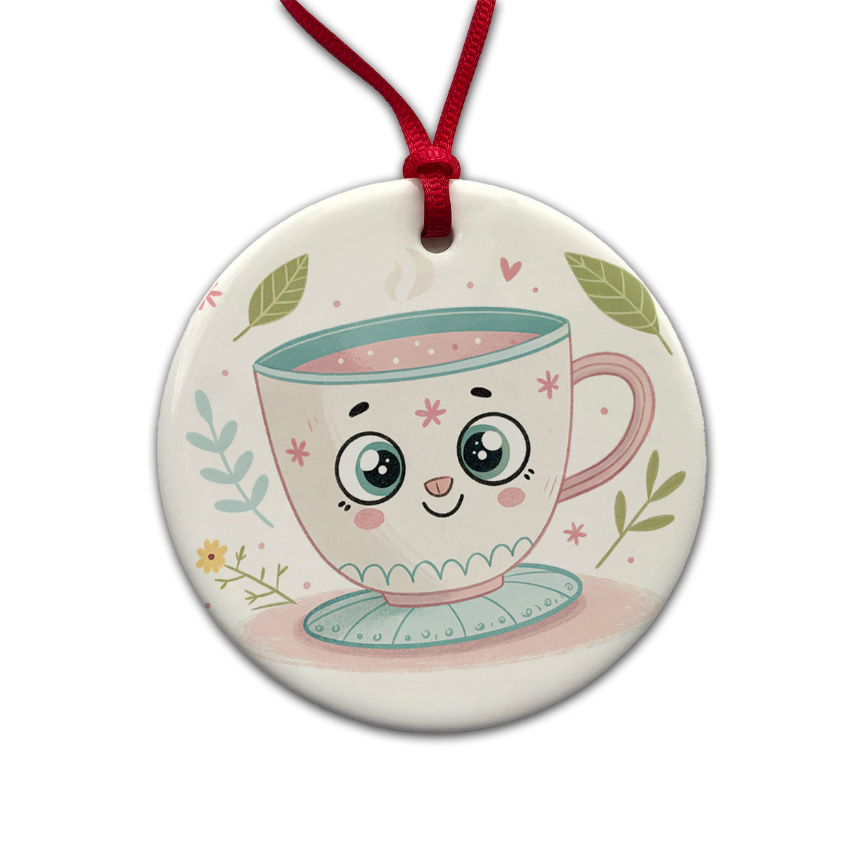 Kawaii Tea Cup Round Ceramic Holiday Christmas Tree Ornament