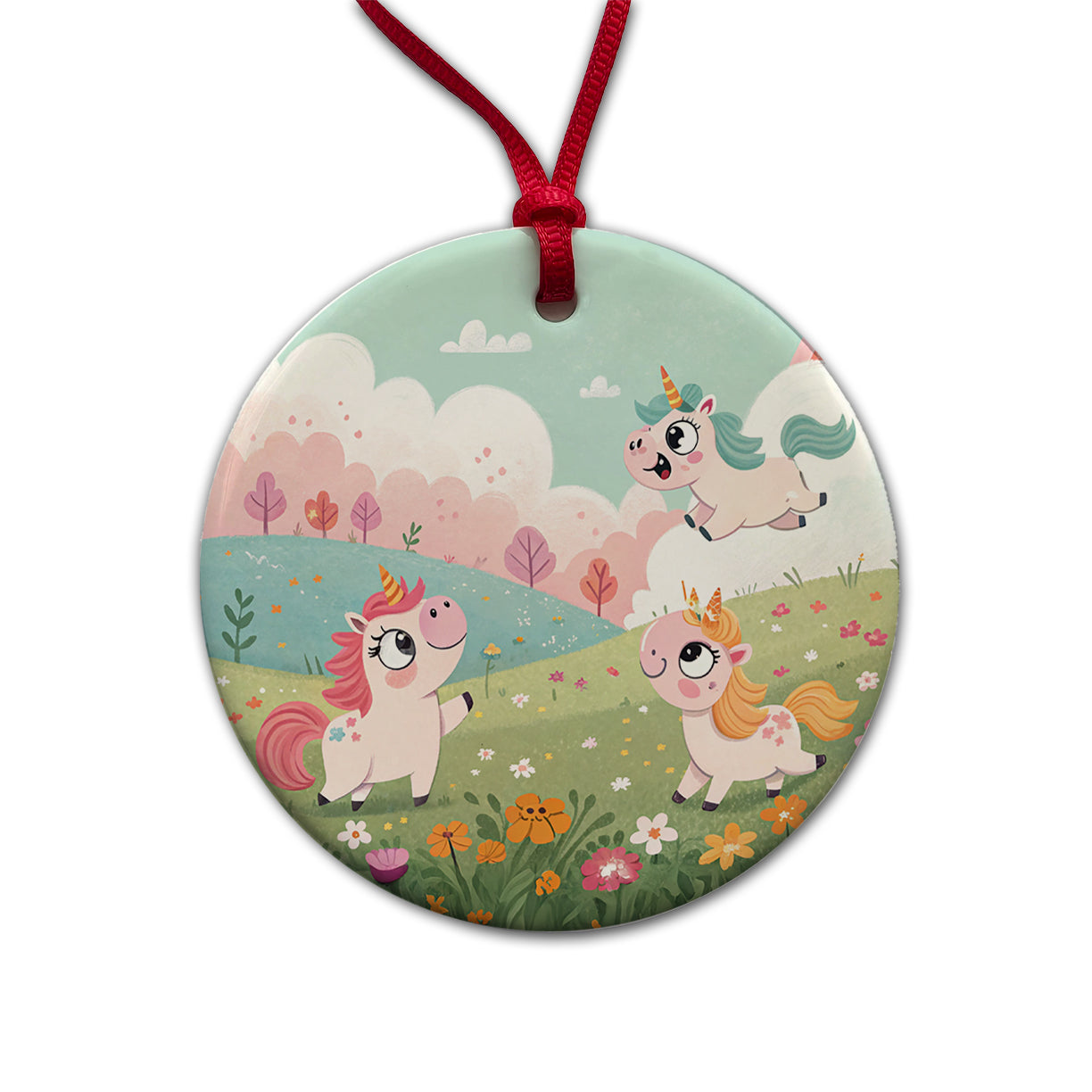 Kawaii Unicorns Round Ceramic Holiday Christmas Tree Ornament