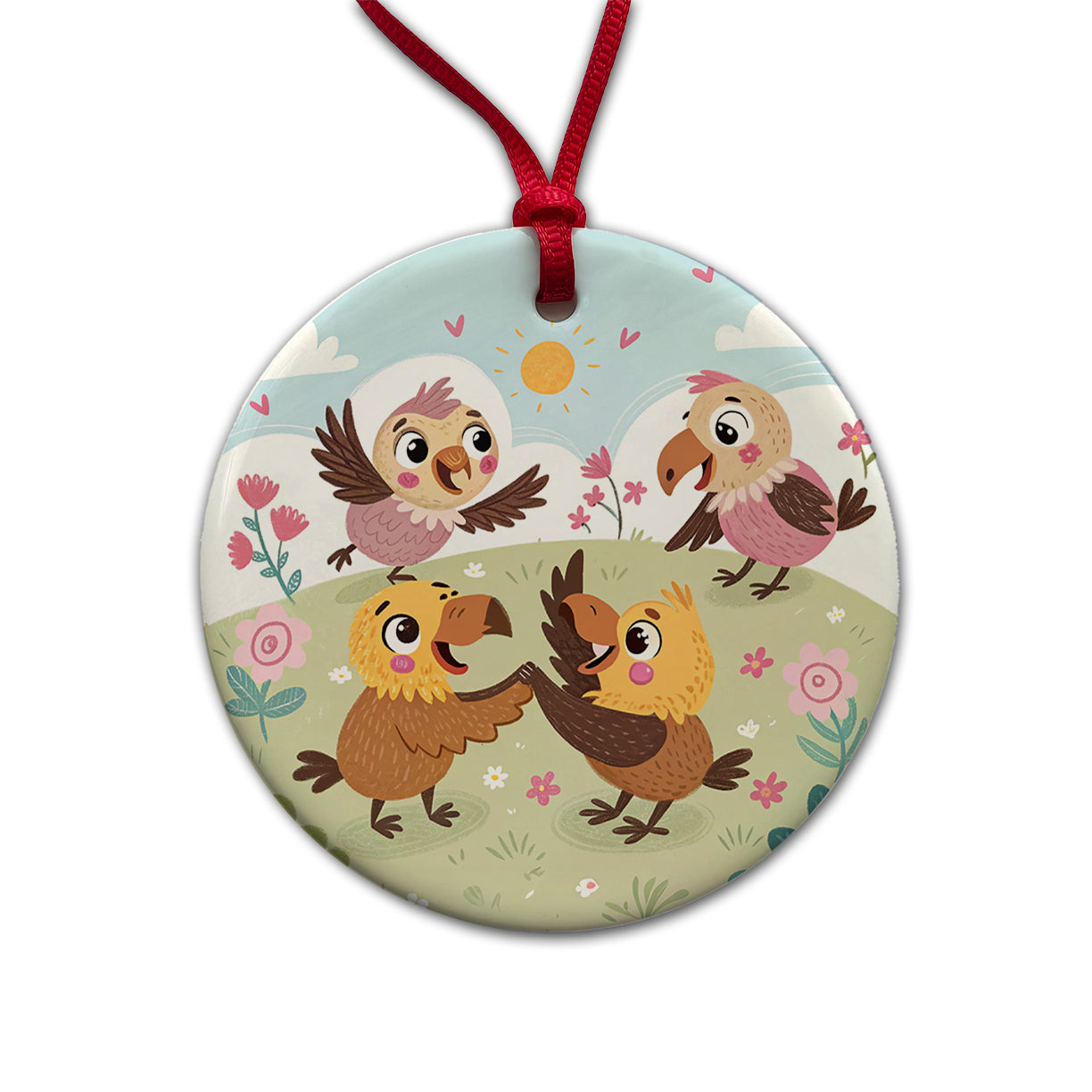 Kawaii Vultures Birds Round Ceramic Holiday Christmas Tree Ornament