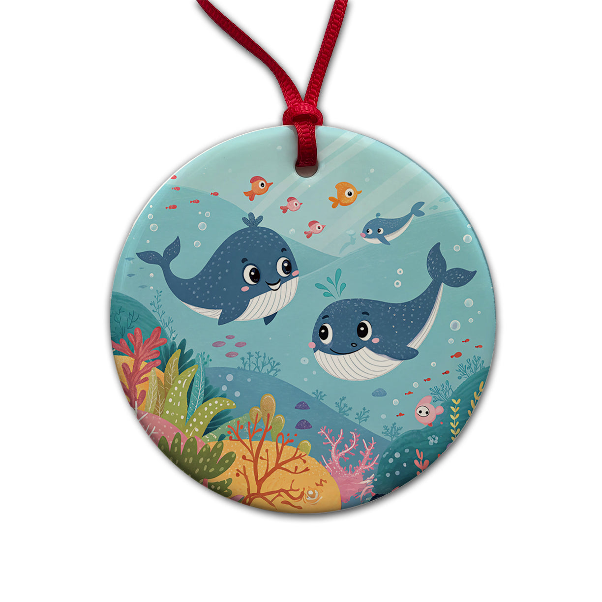 Kawaii Whales Round Ceramic Holiday Christmas Tree Ornament