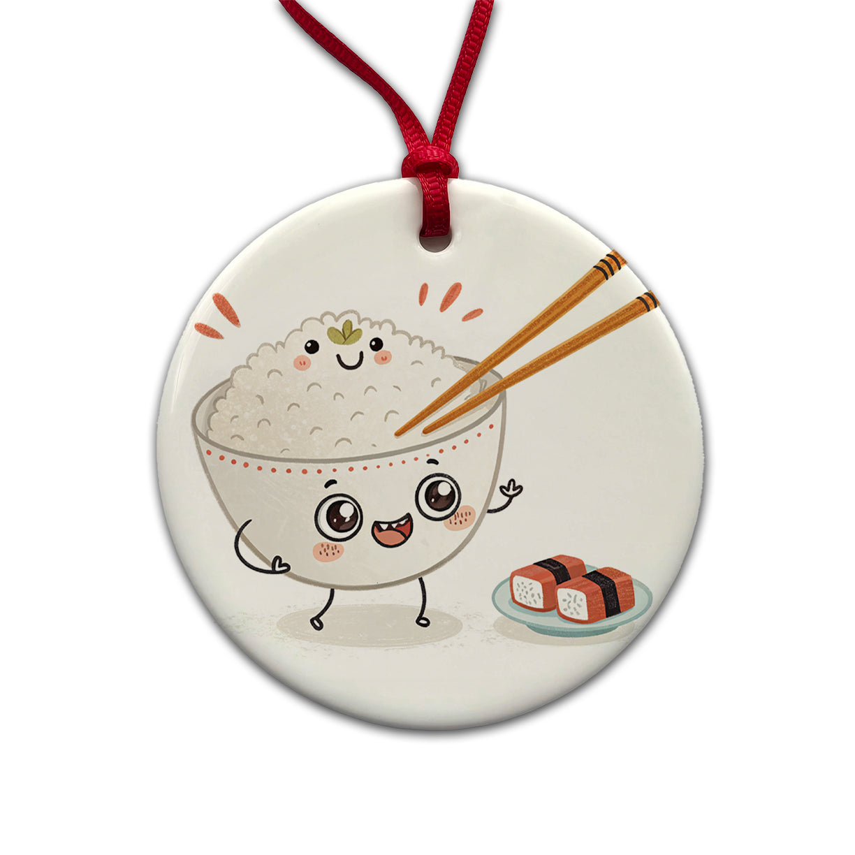 Kawaii White Rice Chopsticks Sushi Round Ceramic Holiday Christmas Tree Ornament