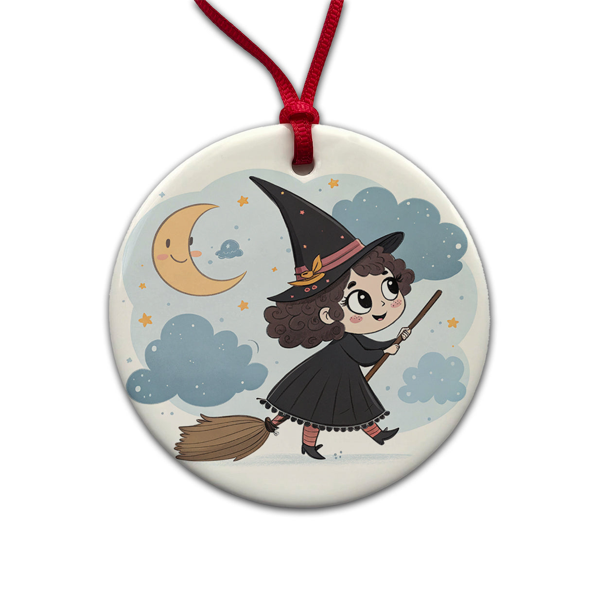 Kawaii Witch Broom Halloween Round Ceramic Holiday Christmas Tree Ornament
