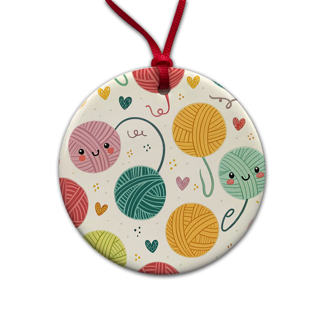 Kawaii Yarn Balls Knitting Crochet Round Ceramic Holiday Christmas Tree Ornament