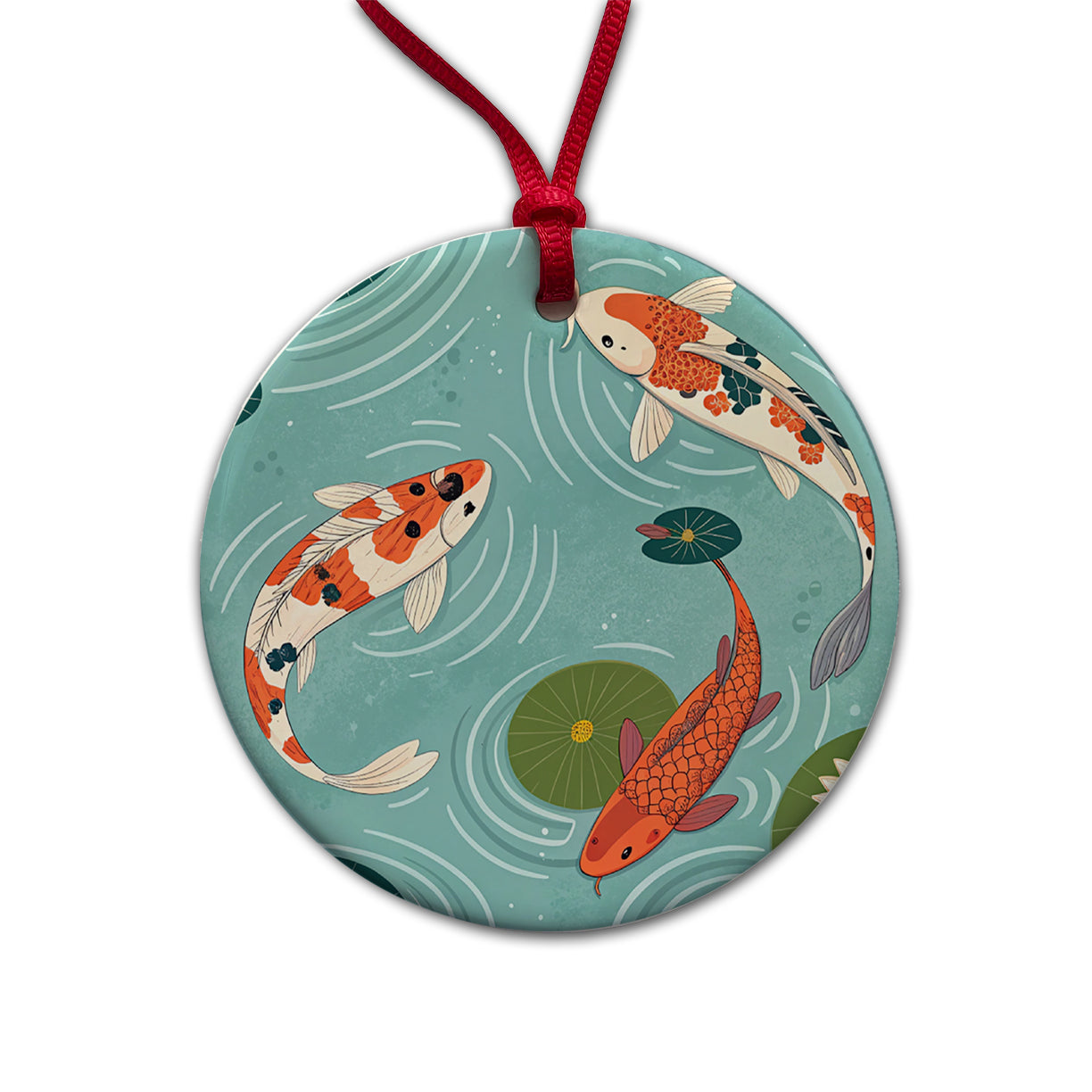 Koi Fish Swimming In Pond Round Ceramic Holiday Christmas Tree Ornament