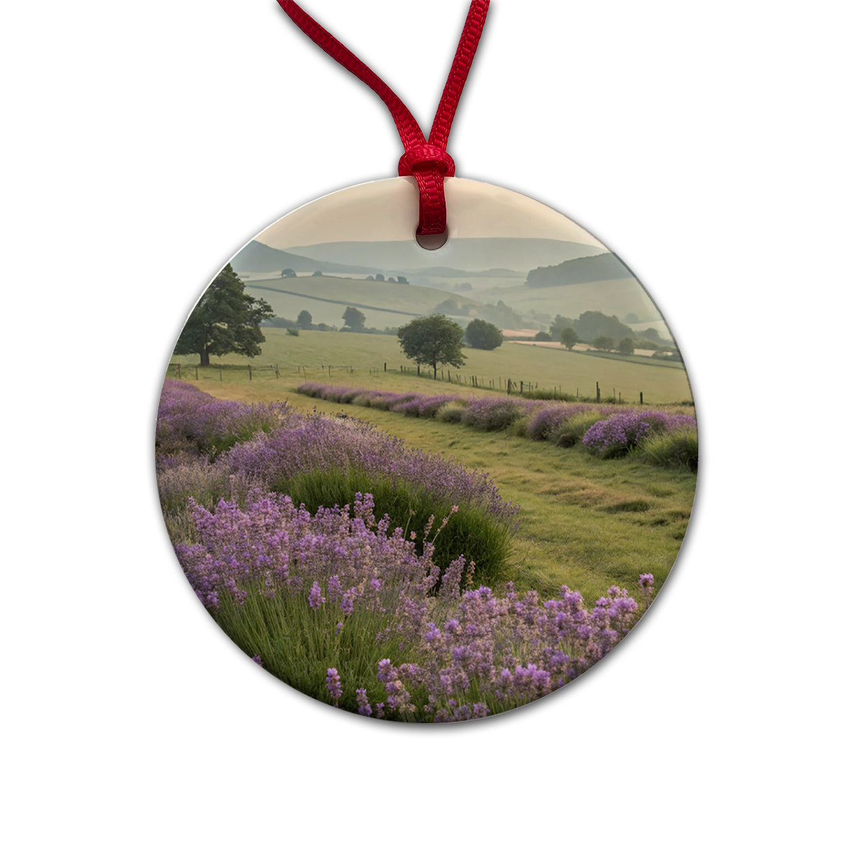 Lavender Flowers Field Round Ceramic Holiday Christmas Tree Ornament