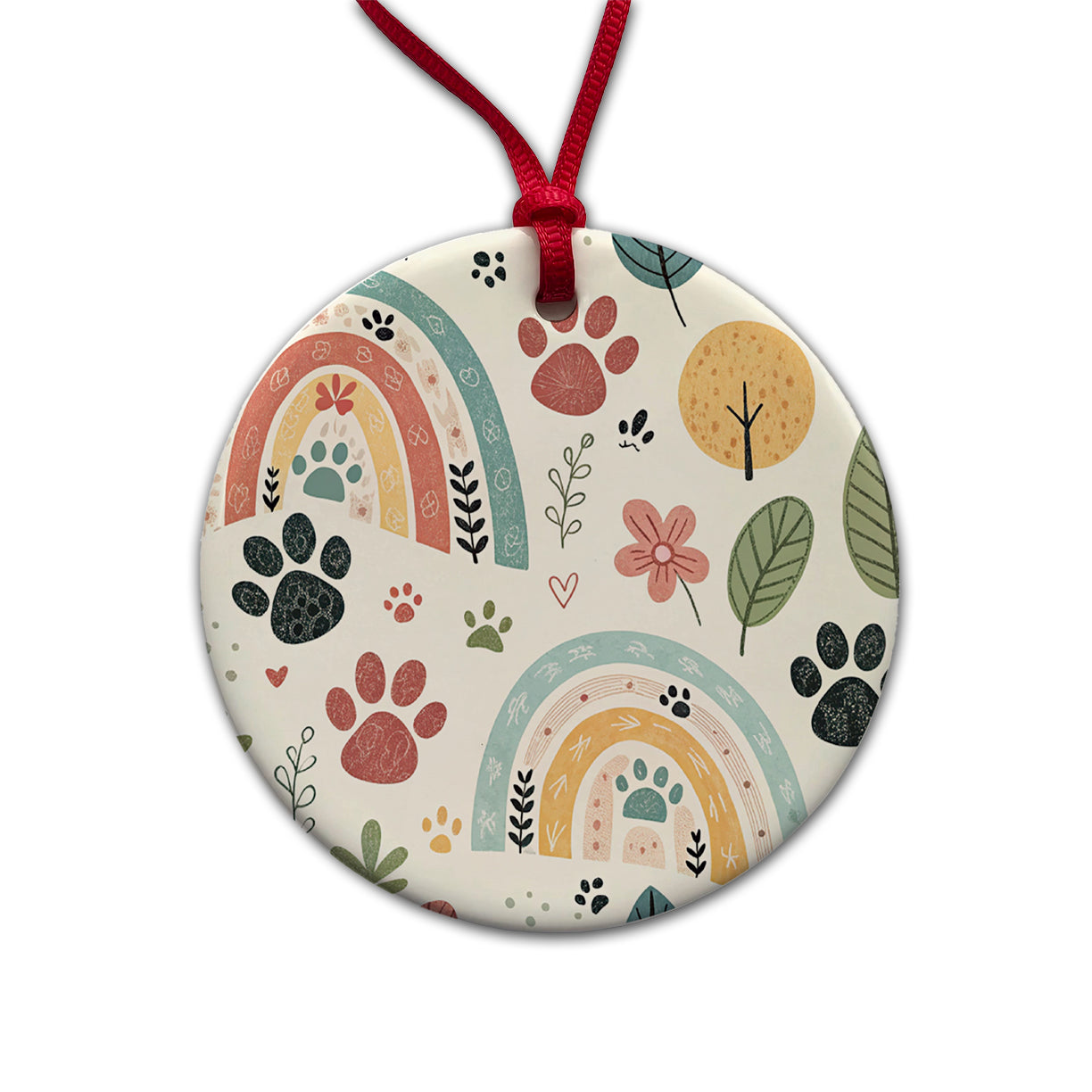 Paw Prints Cute Rainbows Round Ceramic Holiday Christmas Tree Ornament