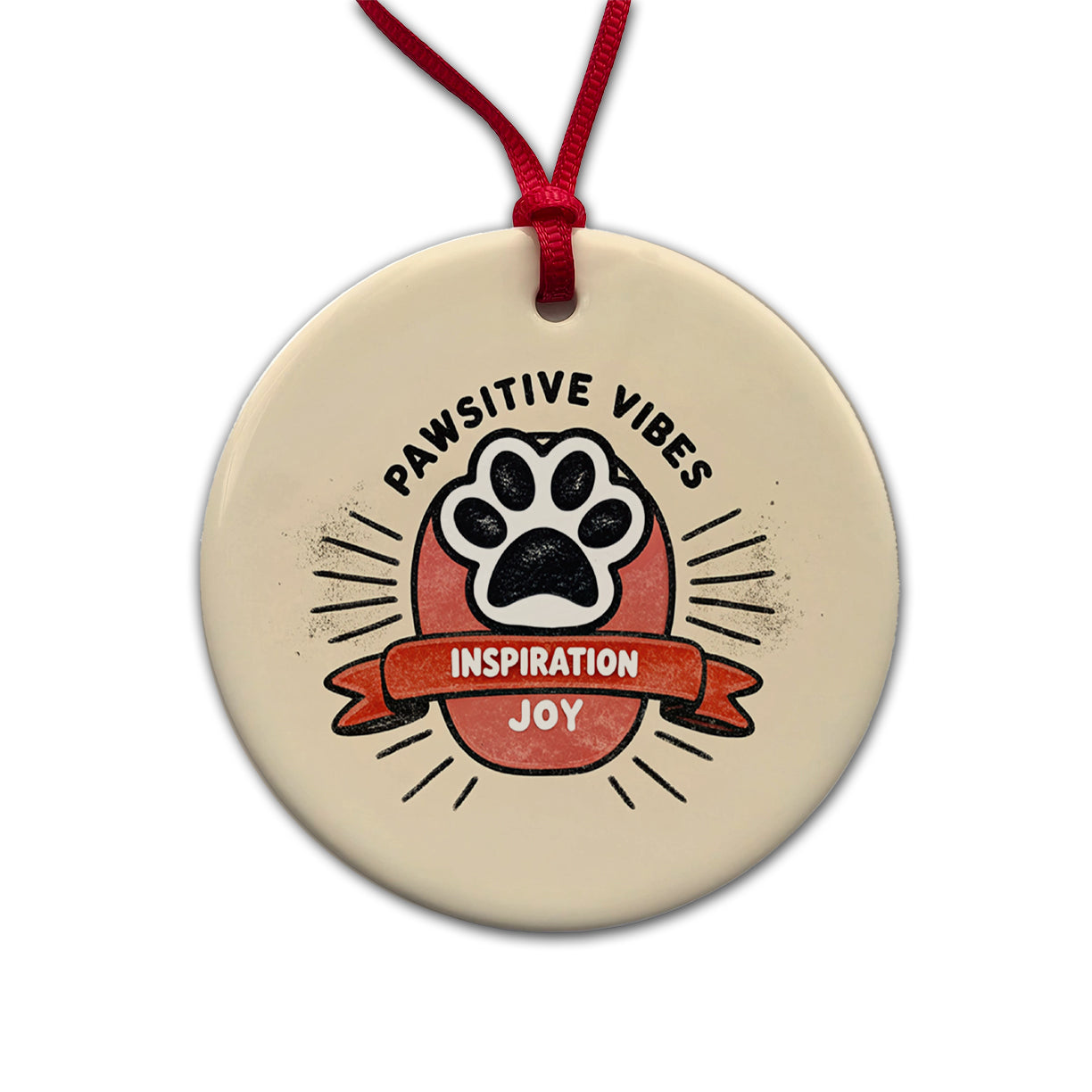 Pawsitive Positive Vibes Dogs Cats Round Ceramic Holiday Christmas Tree Ornament