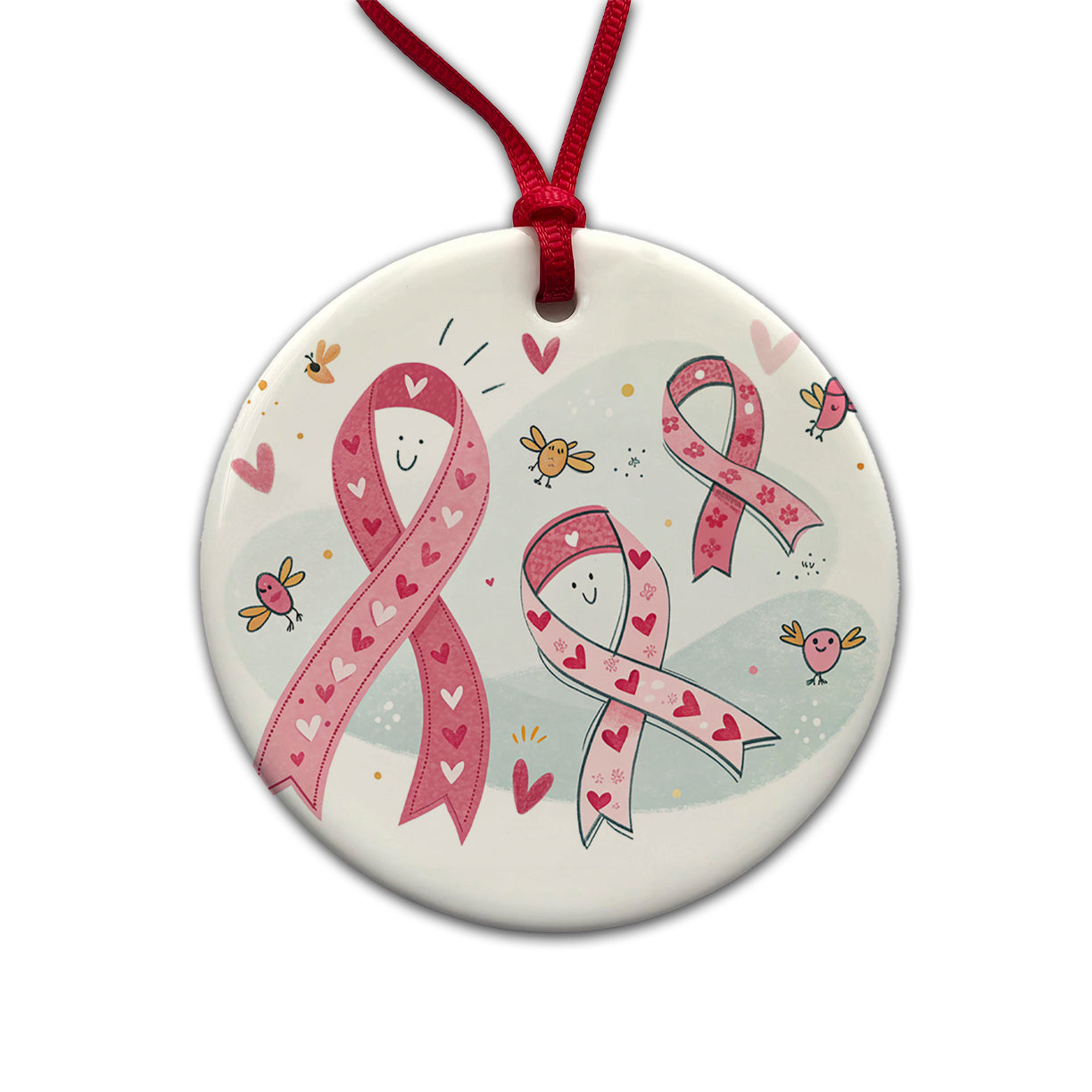 Pink Cancer Awareness Ribbons Round Ceramic Holiday Christmas Tree Ornament