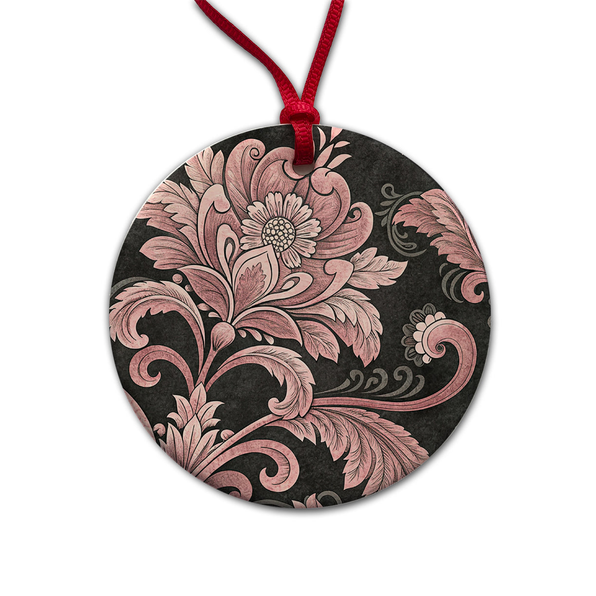 Pink Damask On Black Round Ceramic Holiday Christmas Tree Ornament