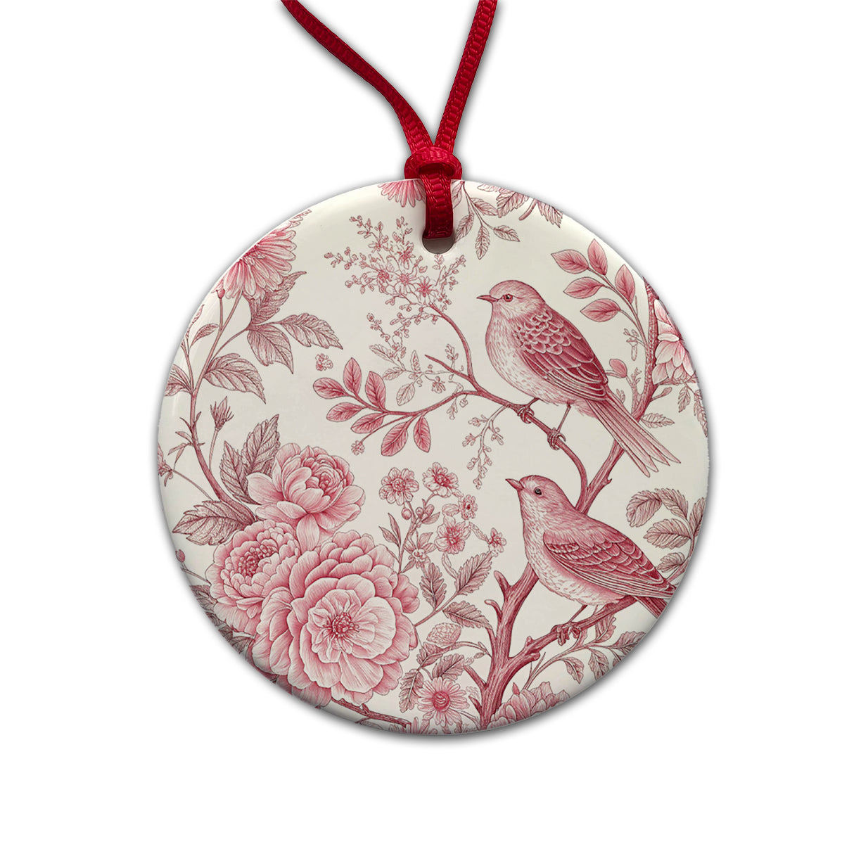 Pink On White Toile With Birds Round Ceramic Holiday Christmas Tree Ornament