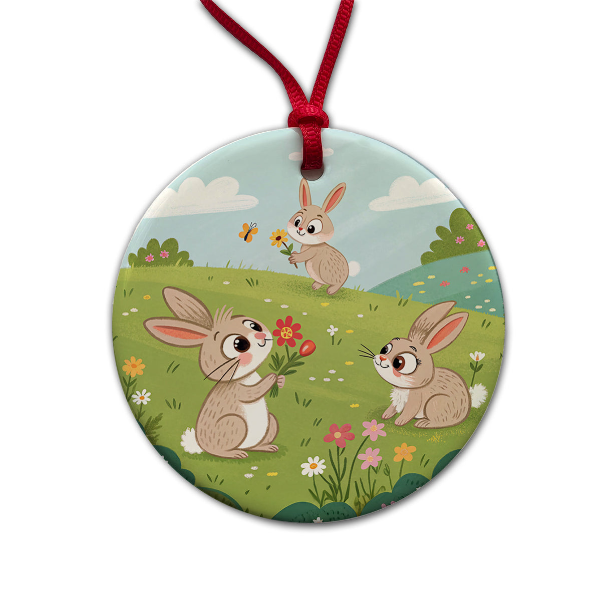 Scattered Cute Rabbits Bunnies Easter Round Ceramic Holiday Christmas Tree Ornament