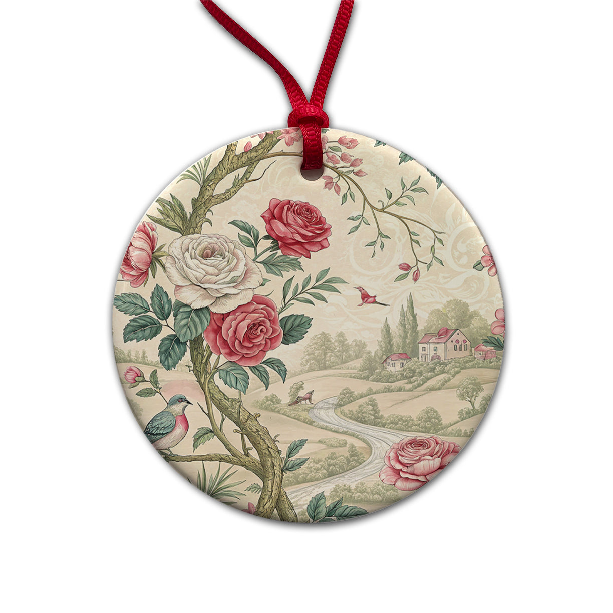 Toile Pattern Flowers Birds Round Ceramic Holiday Christmas Tree Ornament
