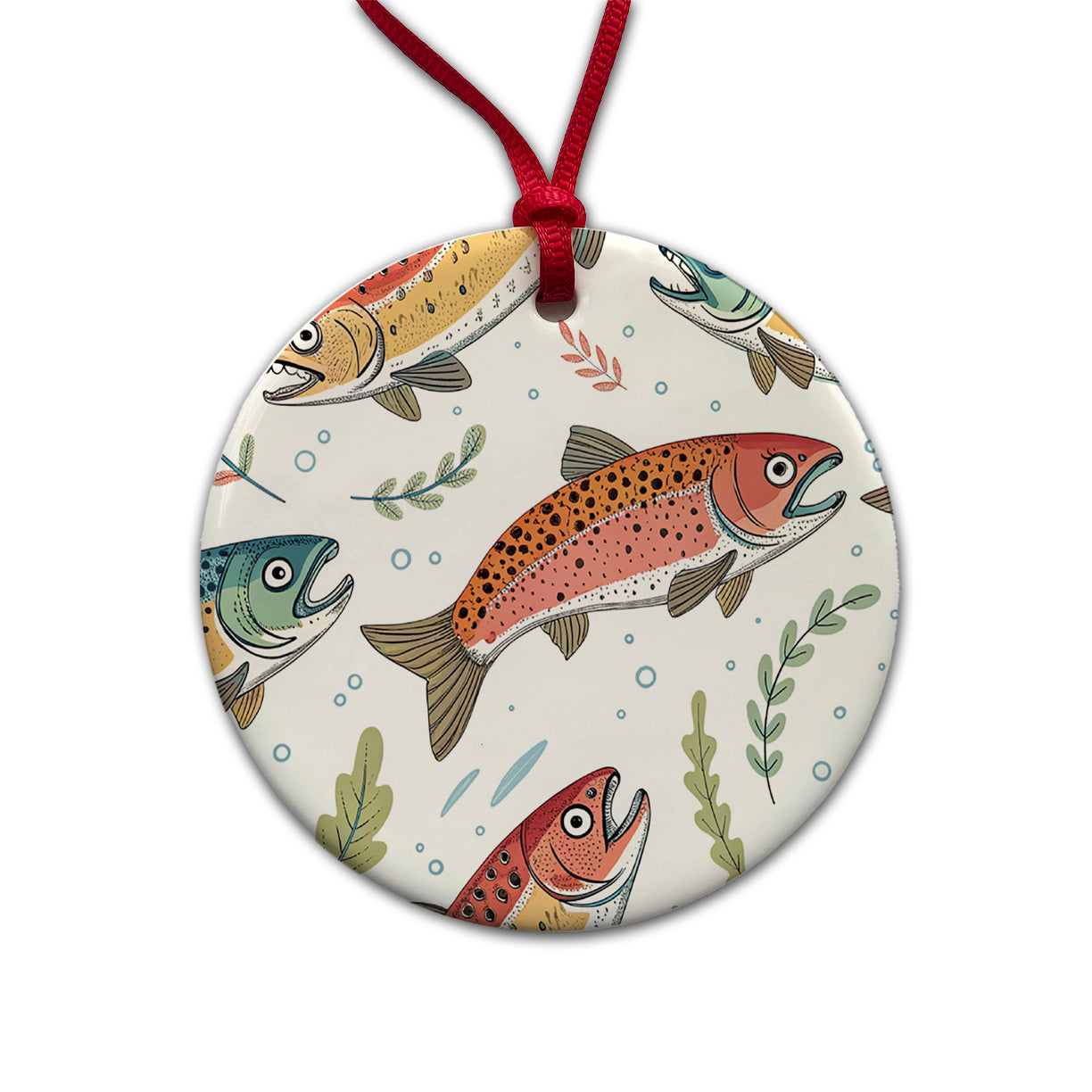 Trout Fish Swimming Fishing Round Ceramic Holiday Christmas Tree Ornament