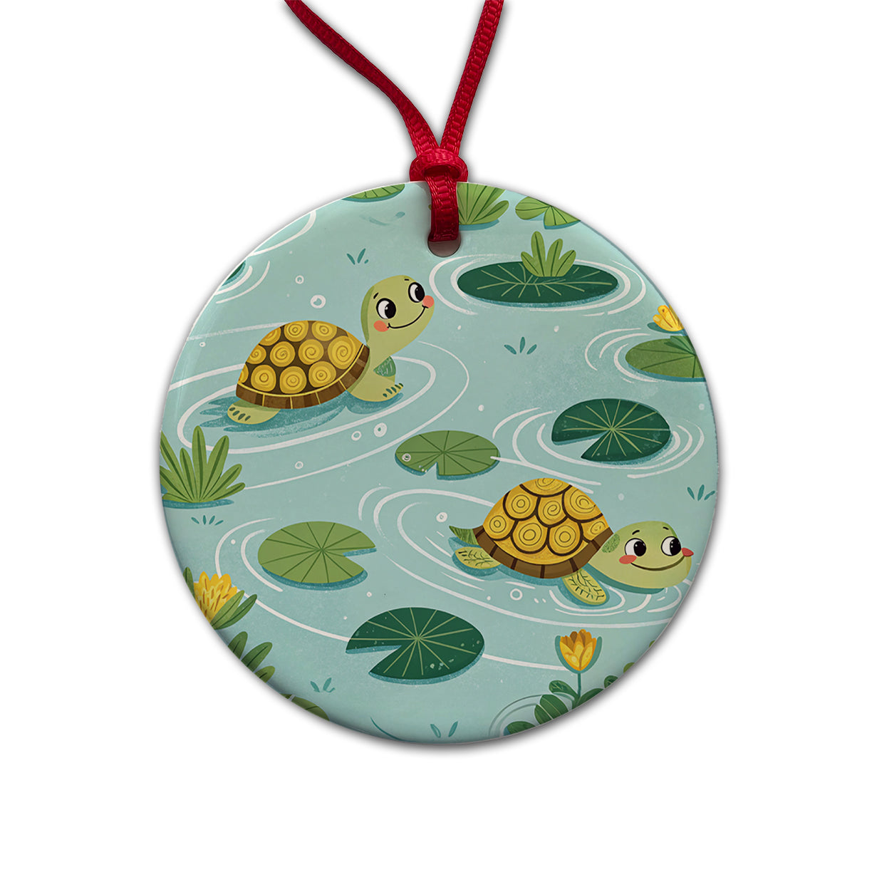 Turtles Swimming In Pond Round Ceramic Holiday Christmas Tree Ornament