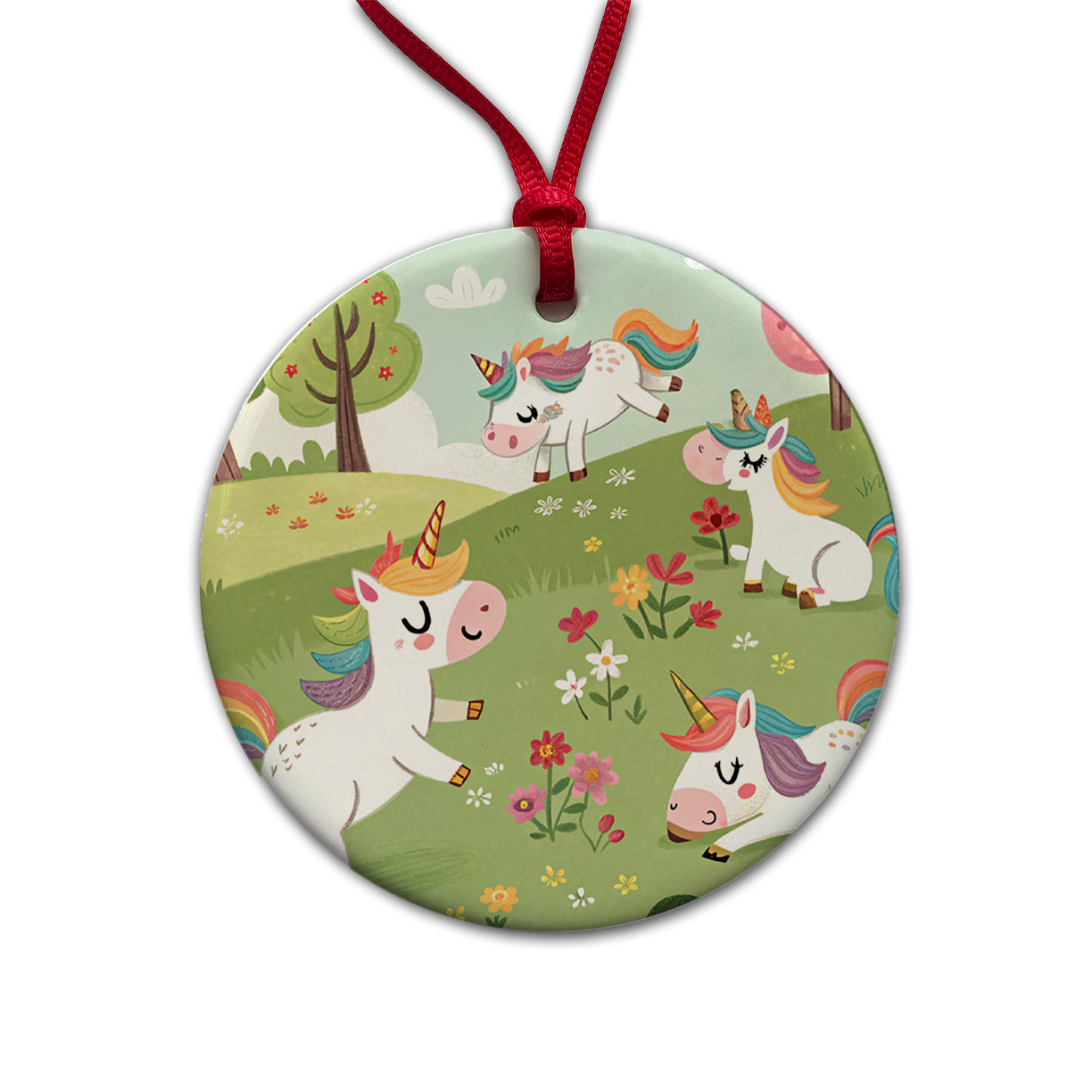 Unicorns Playing Cute Round Ceramic Holiday Christmas Tree Ornament