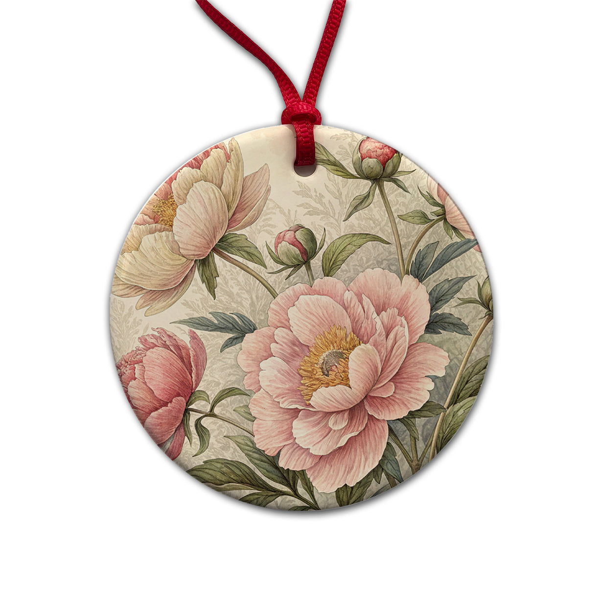 Vintage Peony Flowers Round Ceramic Holiday Christmas Tree Ornament