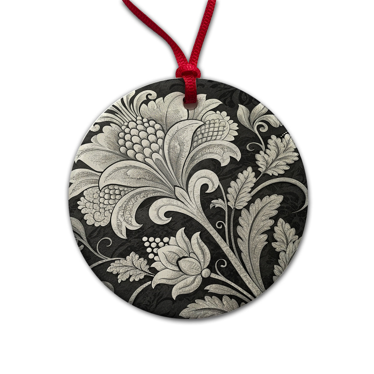 White Damask On Black Round Ceramic Holiday Christmas Tree Ornament