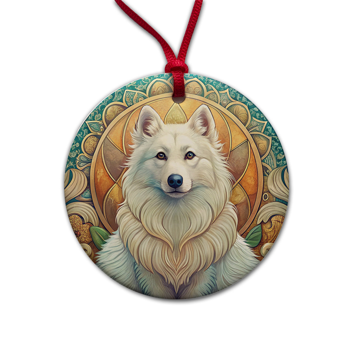 American Eskimo Dog Art Nouveau Round Ceramic Holiday Christmas Tree Ornament