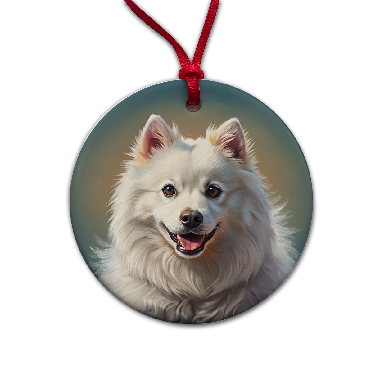 American Eskimo Dog Illustration Round Ceramic Holiday Christmas Tree Ornament