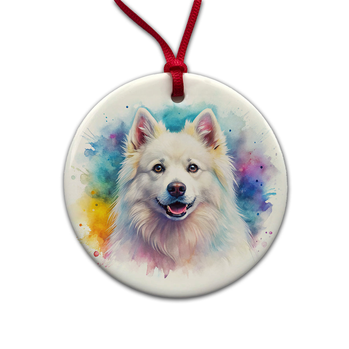 American Eskimo Dog Watercolor Style Round Ceramic Holiday Christmas Tree Ornament