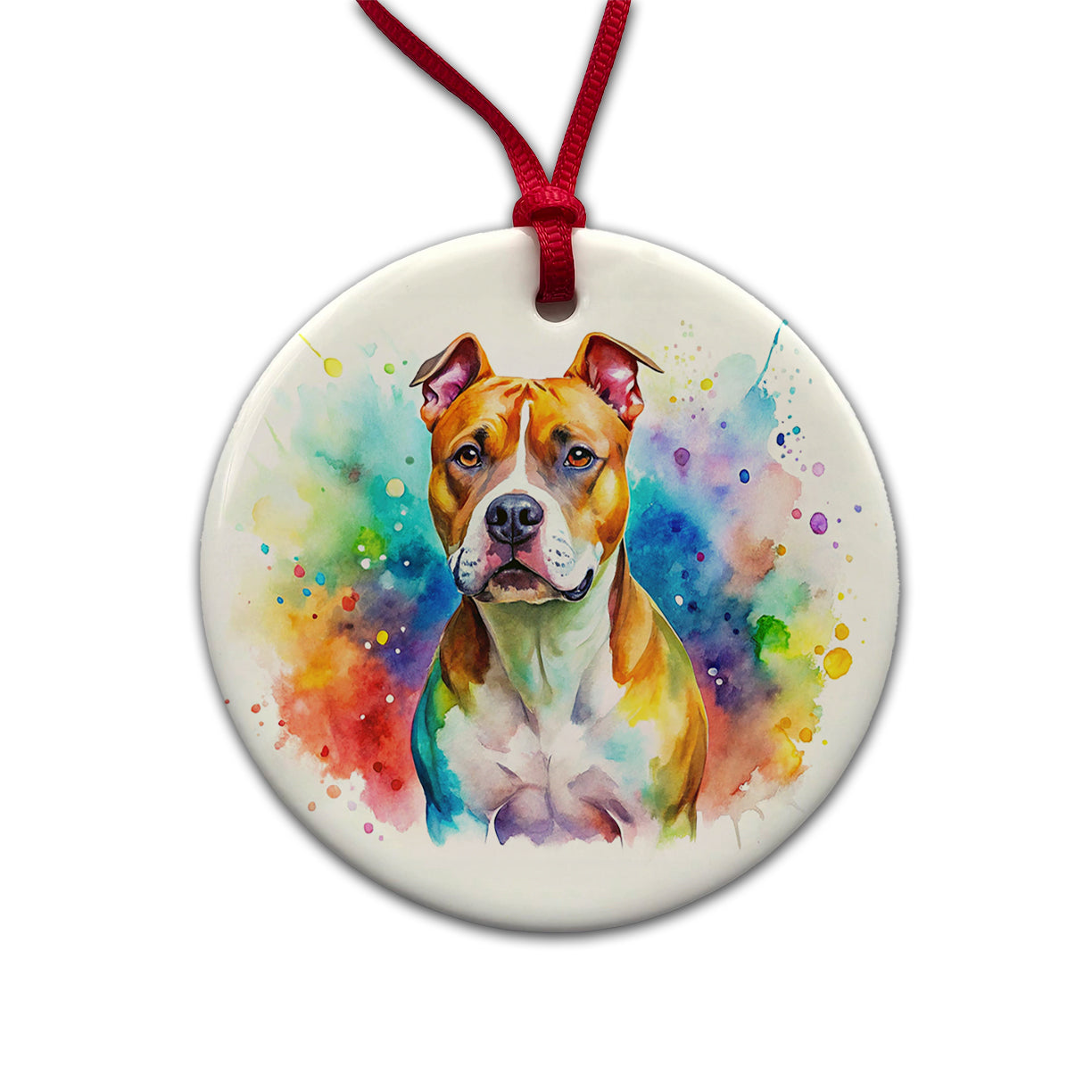 American Staffordshire Terrier Dog Watercolor Style Round Ceramic Holiday Christmas Tree Ornament