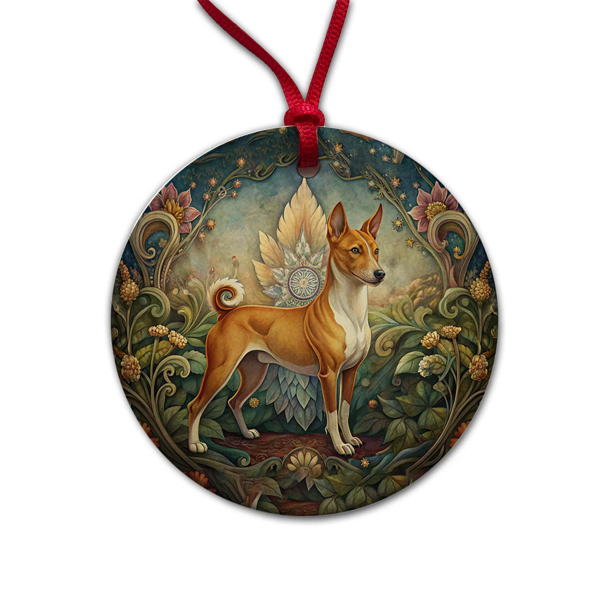 Basenji Dog Art Nouveau Round Ceramic Holiday Christmas Tree Ornament