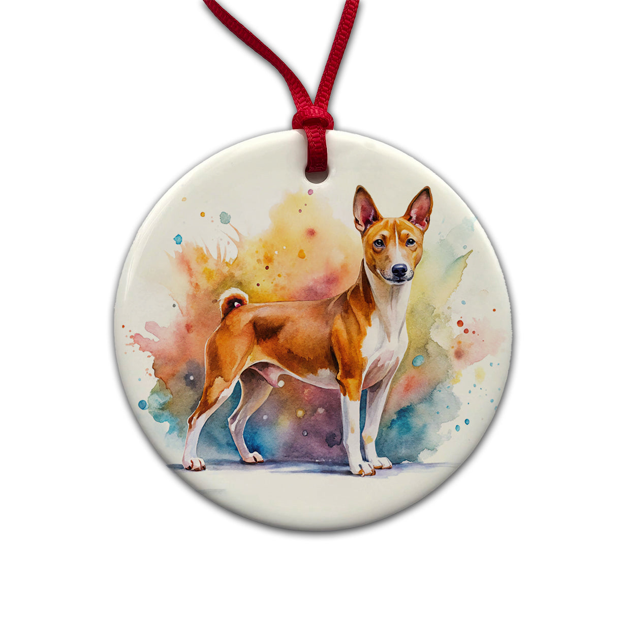 Basenji Dog Watercolor Style Round Ceramic Holiday Christmas Tree Ornament