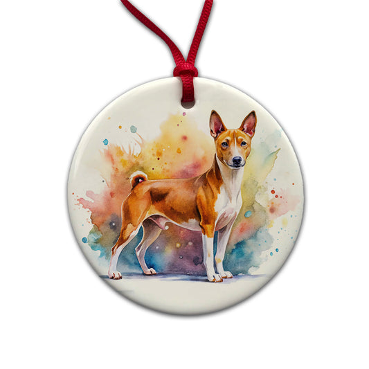Basenji Dog Watercolor Style Round Ceramic Holiday Christmas Tree Ornament
