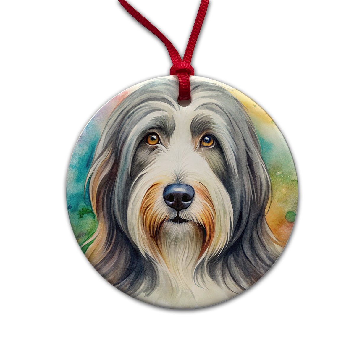 Bearded Collie Dog Watercolor Style Round Ceramic Holiday Christmas Tree Ornament