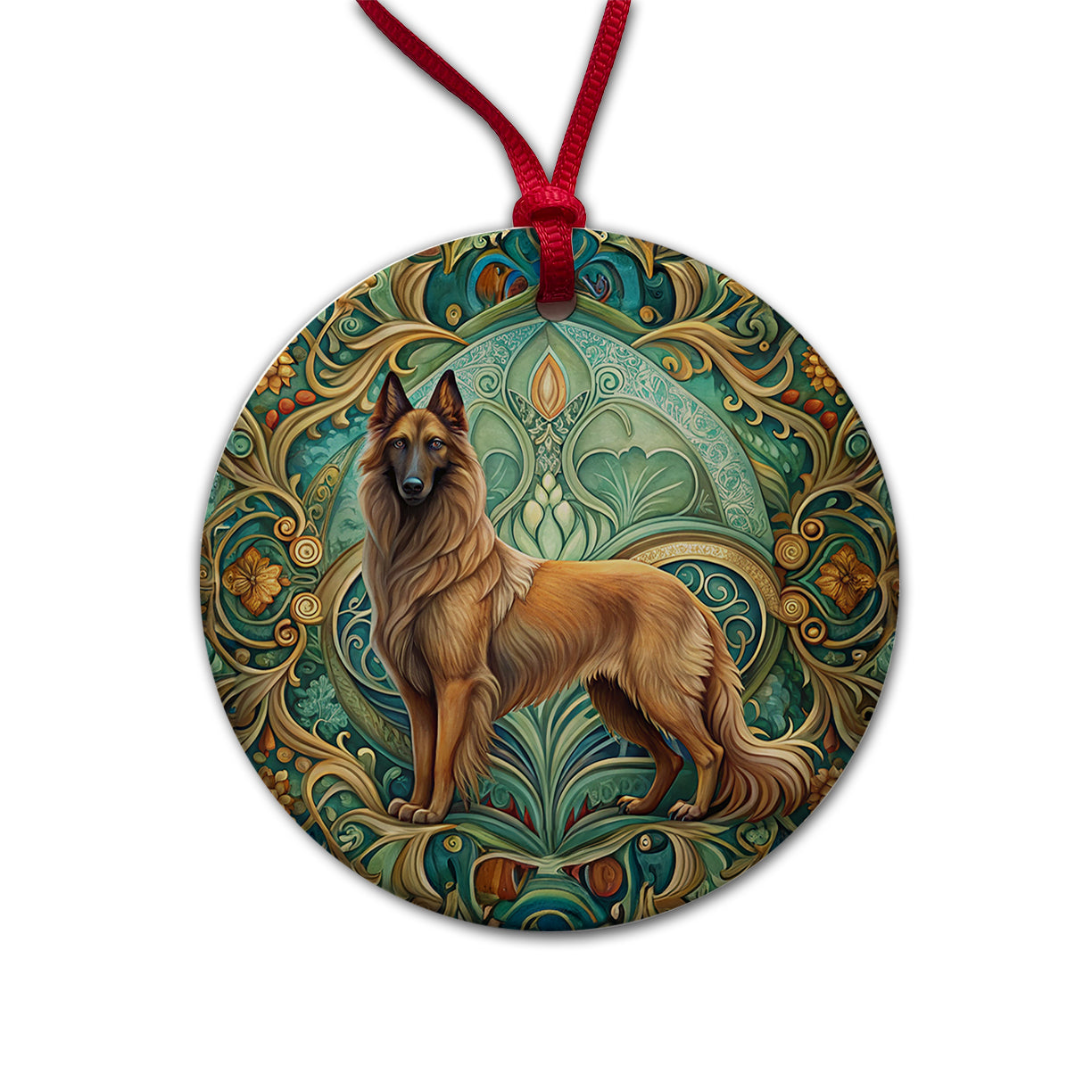 Belgian Tervuren Dog Art Nouveau Round Ceramic Holiday Christmas Tree Ornament