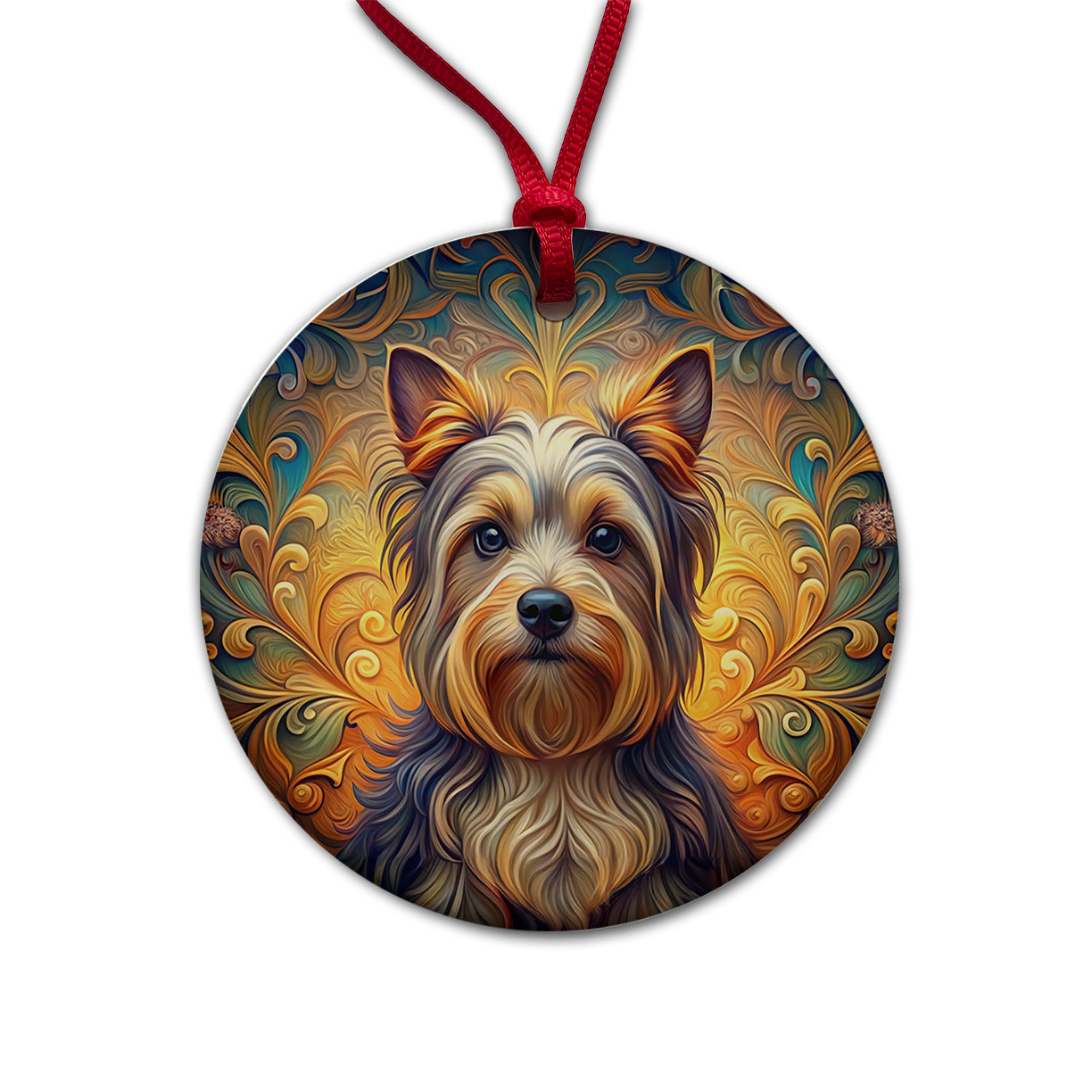 Biewer Terrier Dog Art Nouveau Round Ceramic Holiday Christmas Tree Ornament
