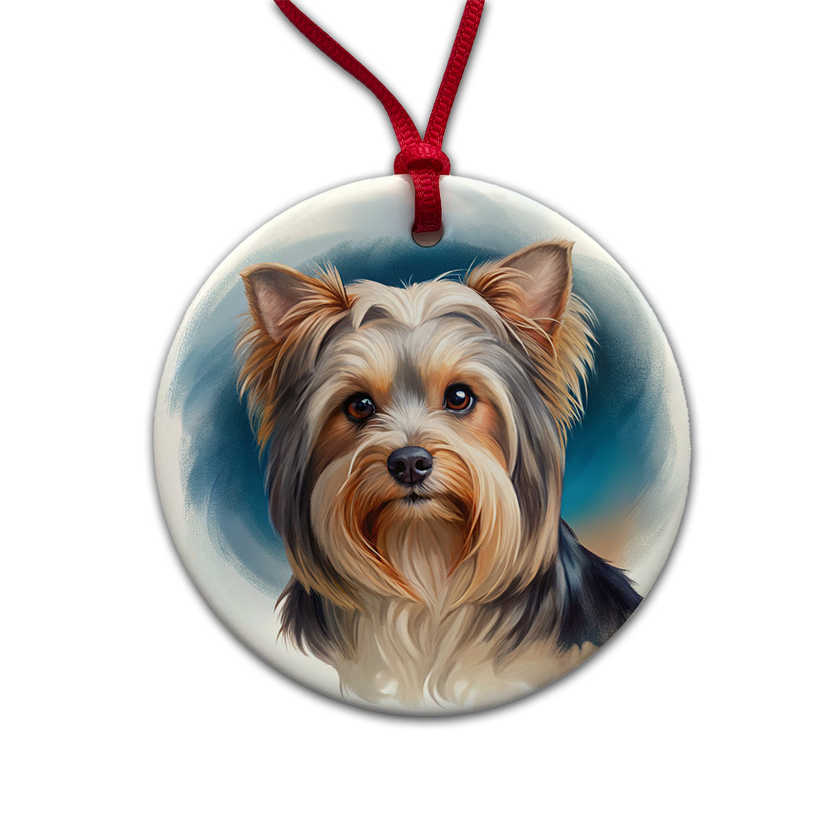 Biewer Terrier Dog Illustration Round Ceramic Holiday Christmas Tree Ornament