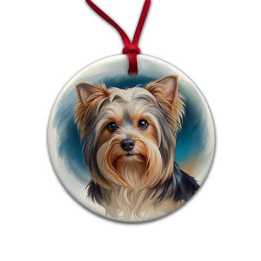 Biewer Terrier Dog Illustration Round Ceramic Holiday Christmas Tree Ornament