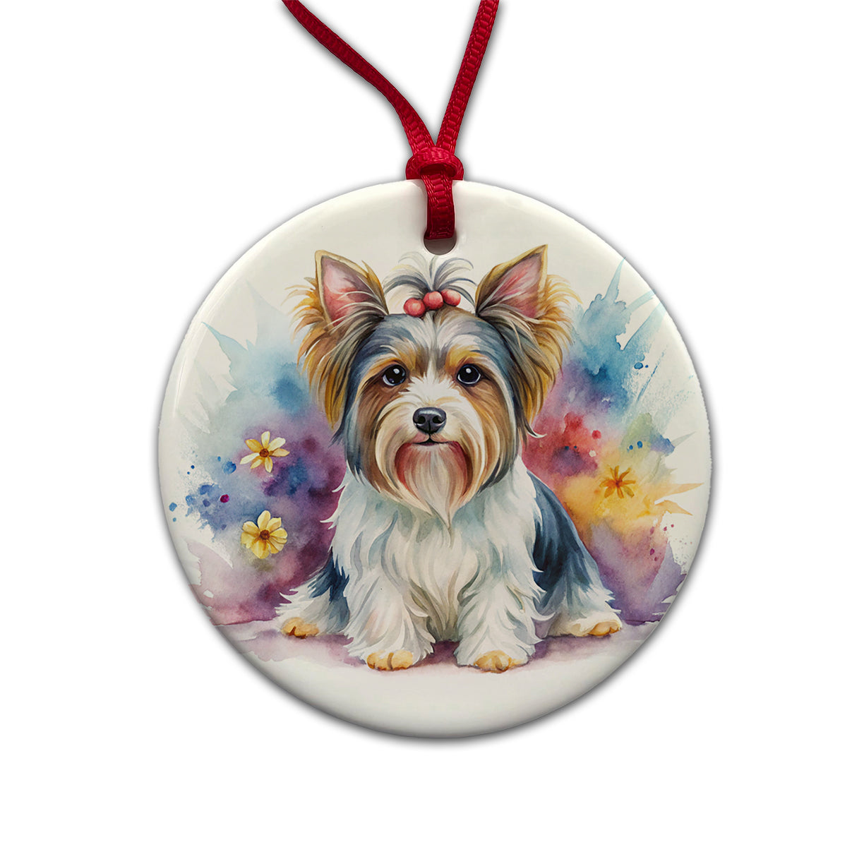 Biewer Terrier Dog Watercolor Style Round Ceramic Holiday Christmas Tree Ornament