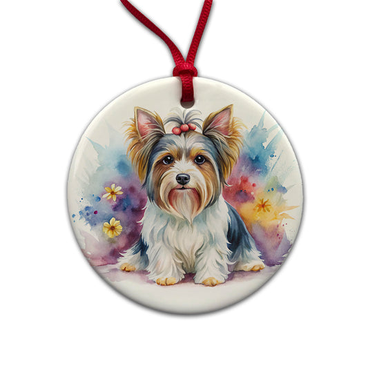 Biewer Terrier Dog Watercolor Style Round Ceramic Holiday Christmas Tree Ornament