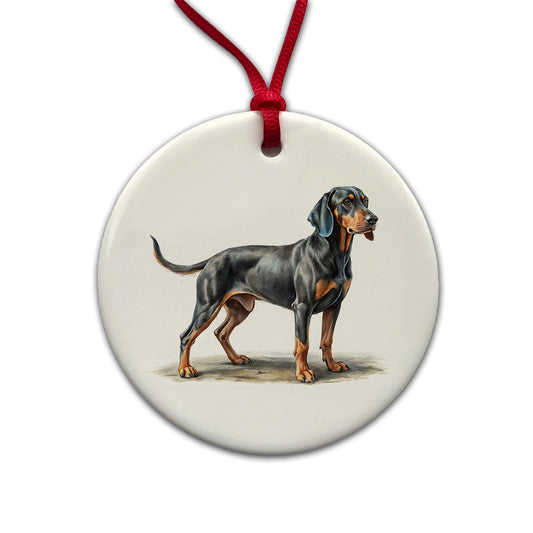 Black And Tan Coonhound Dog Illustration Round Ceramic Holiday Christmas Tree Ornament
