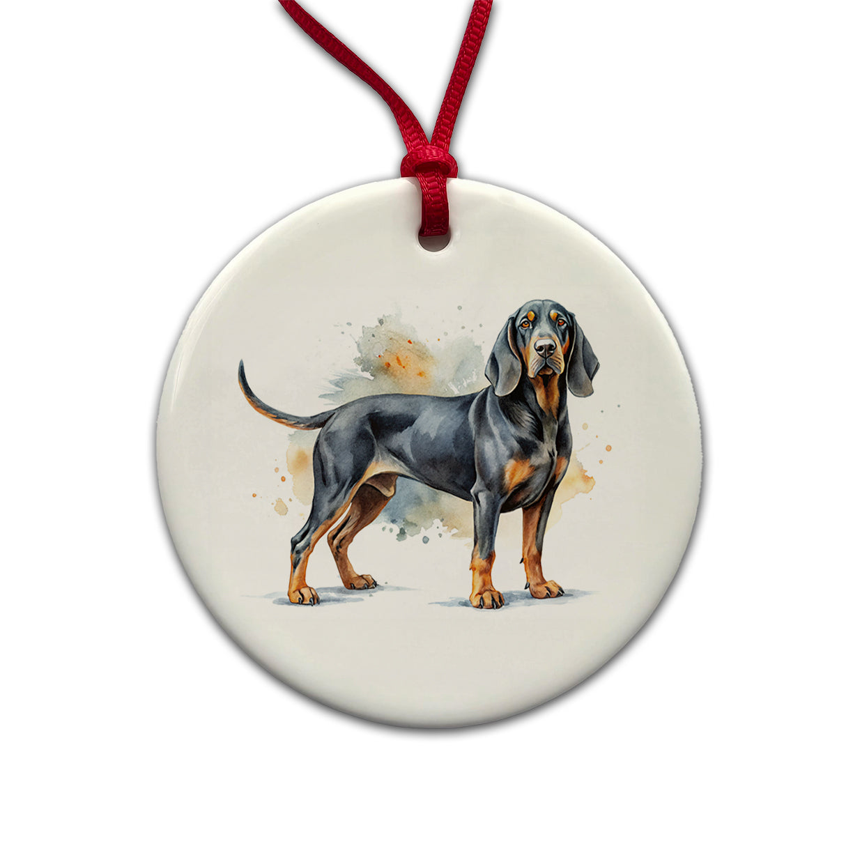 Black And Tan Coonhound Dog Watercolor Style Round Ceramic Holiday Christmas Tree Ornament