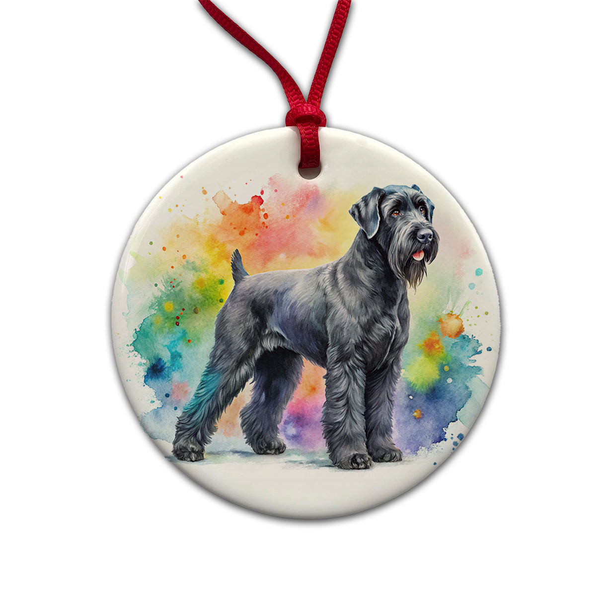 Black Russian Terrier Dog Watercolor Style Round Ceramic Holiday Christmas Tree Ornament