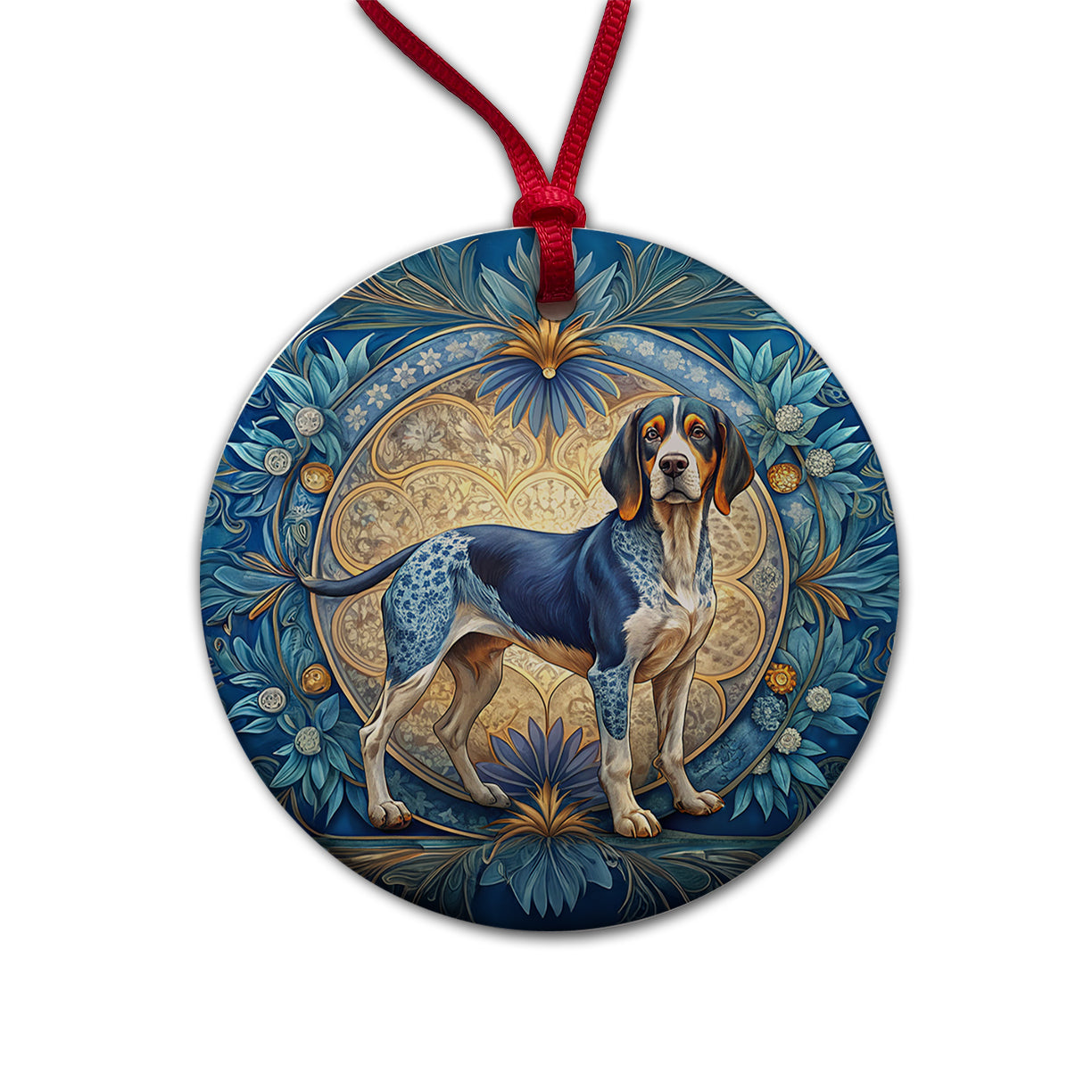 Bluetick Coonhound Dog Art Nouveau Round Ceramic Holiday Christmas Tree Ornament