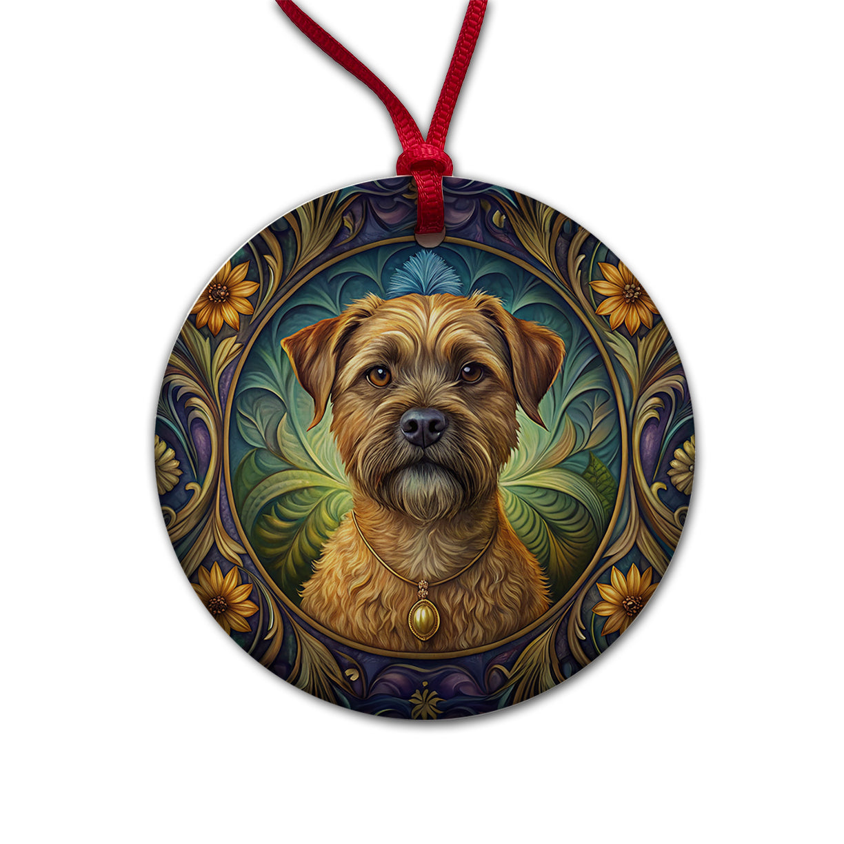 Border Terrier Dog Art Nouveau Round Ceramic Holiday Christmas Tree Ornament