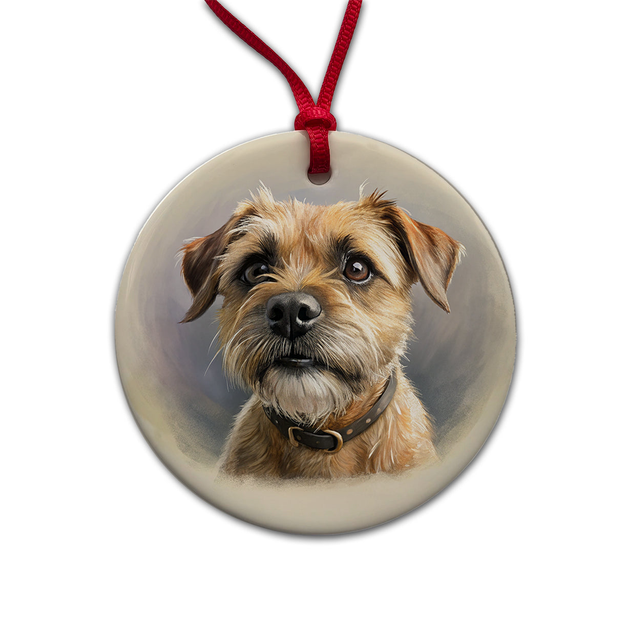 Border Terrier Dog Illustration Round Ceramic Holiday Christmas Tree Ornament