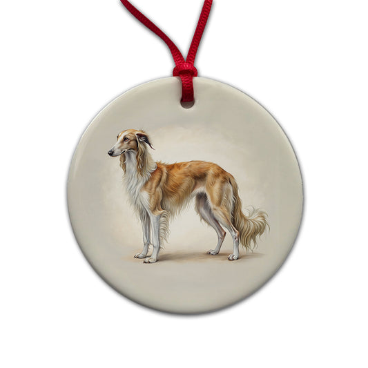 Borzoi Dog Illustration Round Ceramic Holiday Christmas Tree Ornament