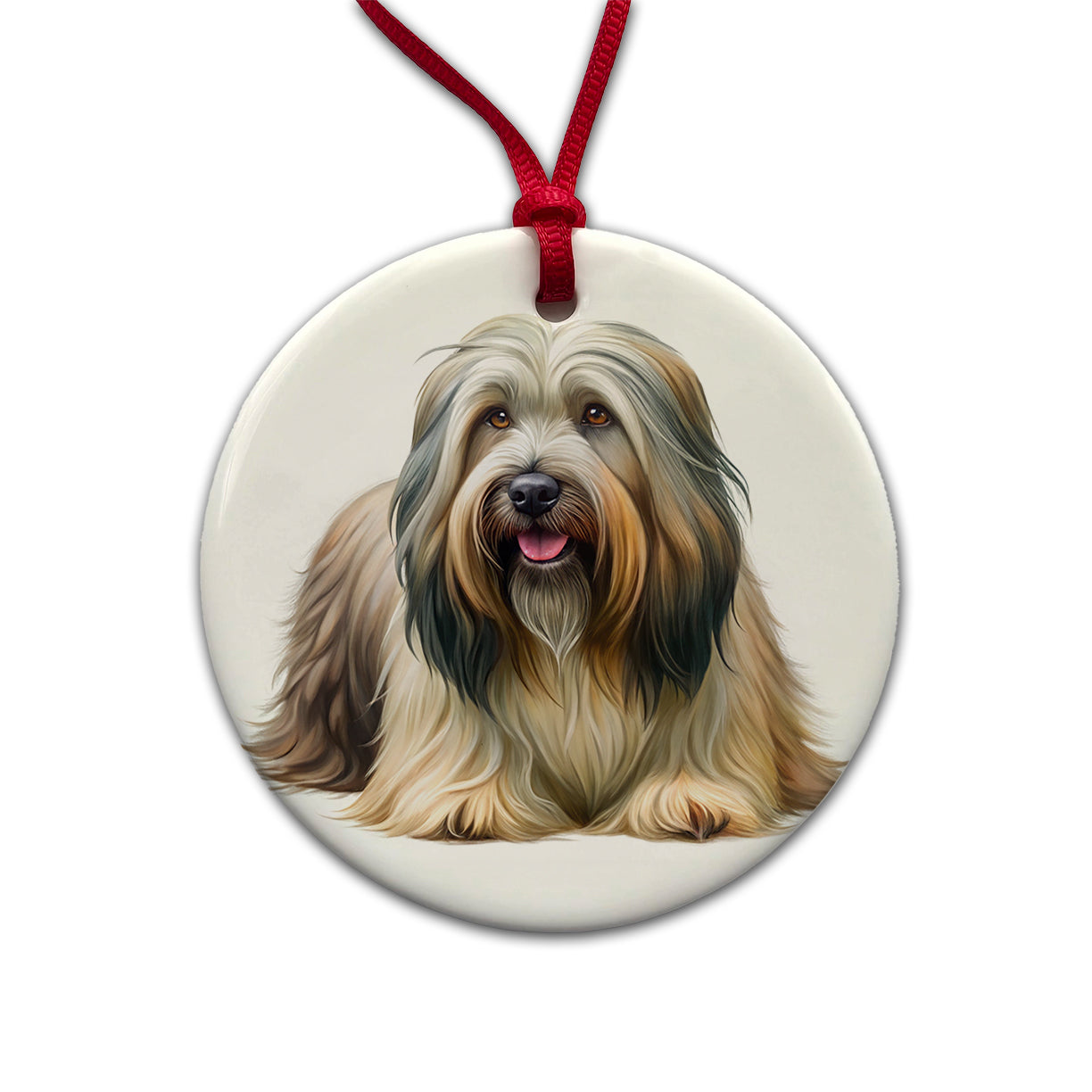 Briard Dog Illustration Round Ceramic Holiday Christmas Tree Ornament