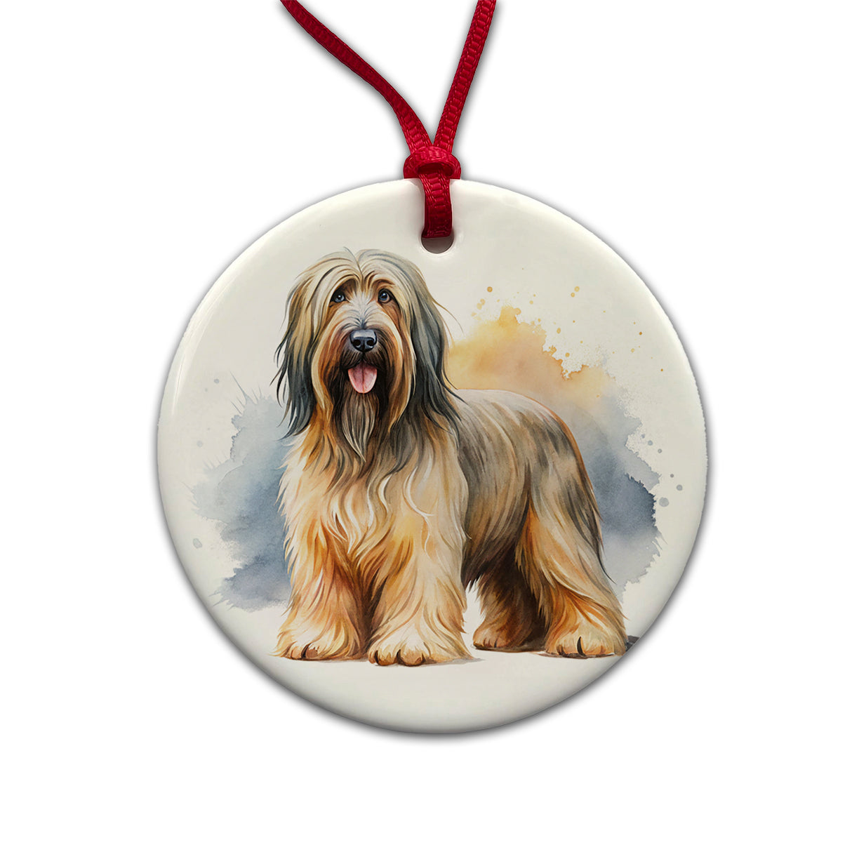 Briard Dog Watercolor Style Round Ceramic Holiday Christmas Tree Ornament