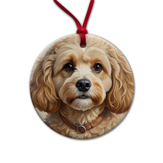 Cavapoo Dog Illustration Round Ceramic Holiday Christmas Tree Ornament