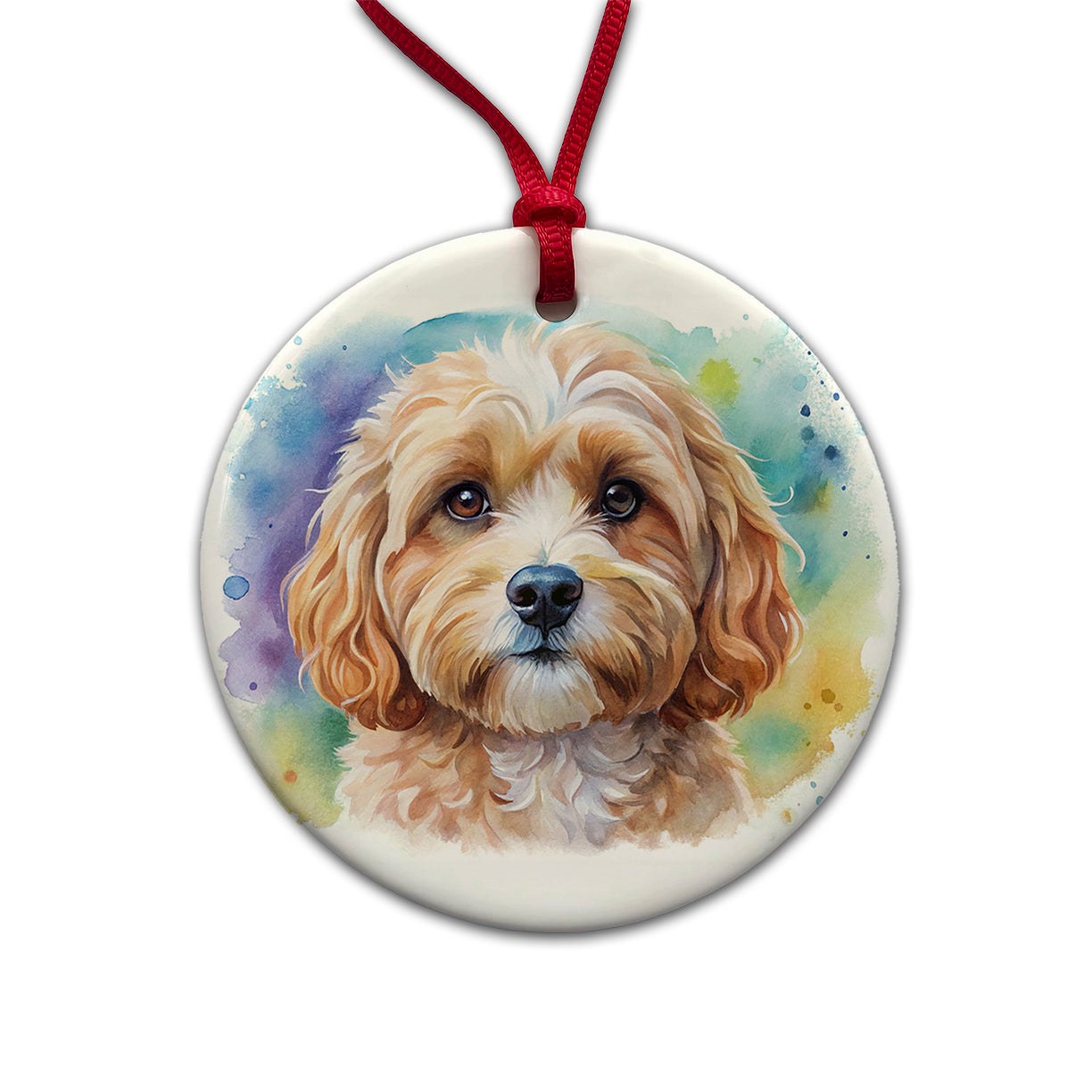 Cavapoo Dog Watercolor Style Round Ceramic Holiday Christmas Tree Ornament