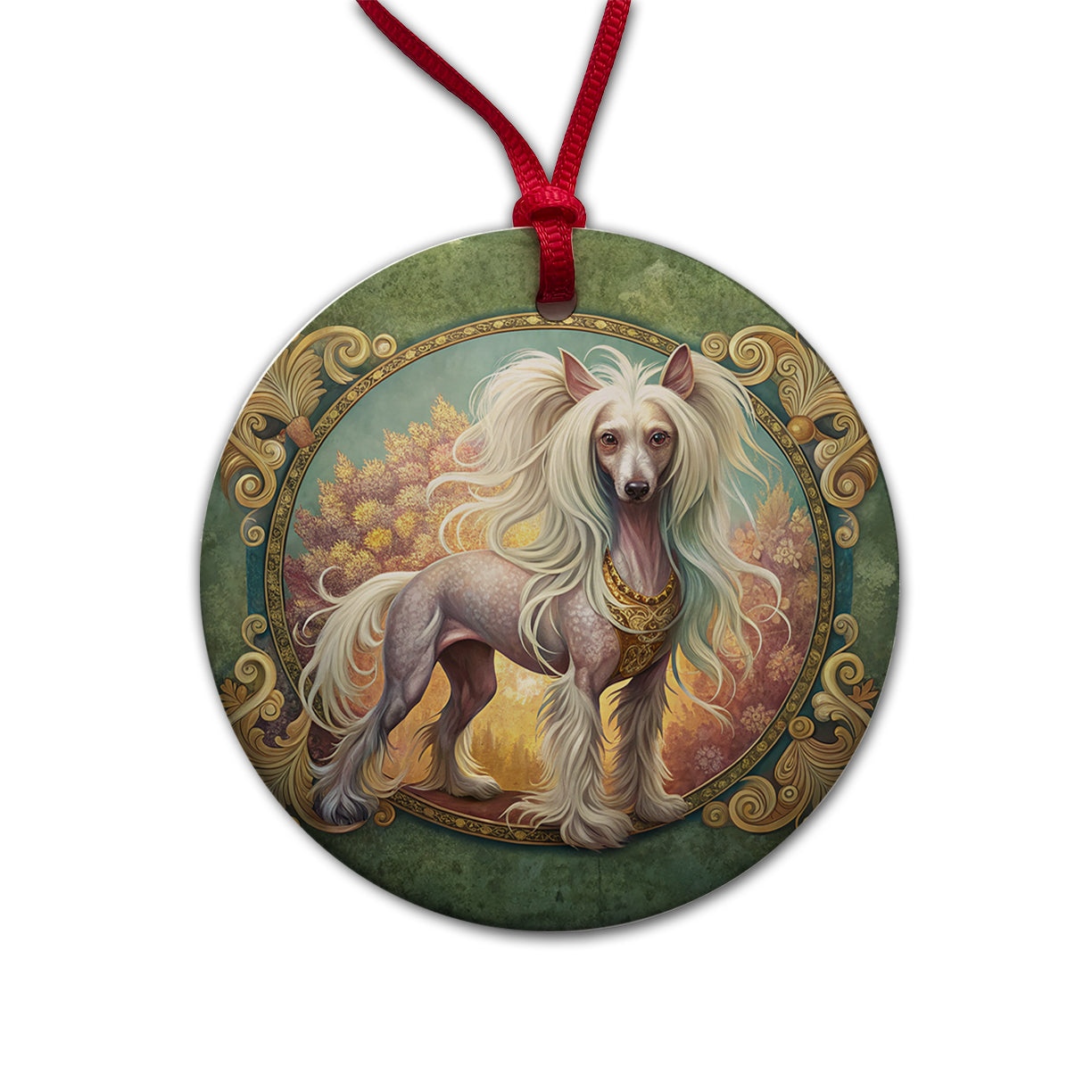 Chinese Crested Dog Art Nouveau Round Ceramic Holiday Christmas Tree Ornament